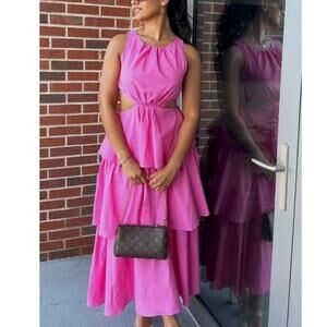 Mable NWOT Barbie Pink Trend Setter Linen Sleeveless Cutout Tiered Maxi Dress